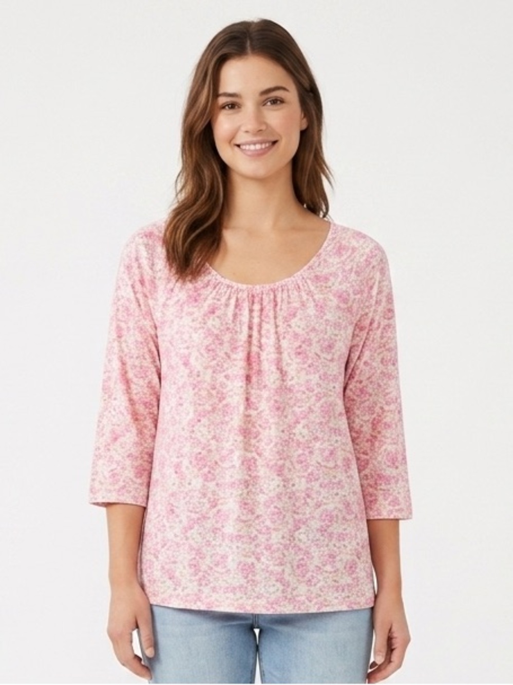 J Jill Pink Floral Ditsy Print 3/4 Sleeve Scoop Neck Top XL